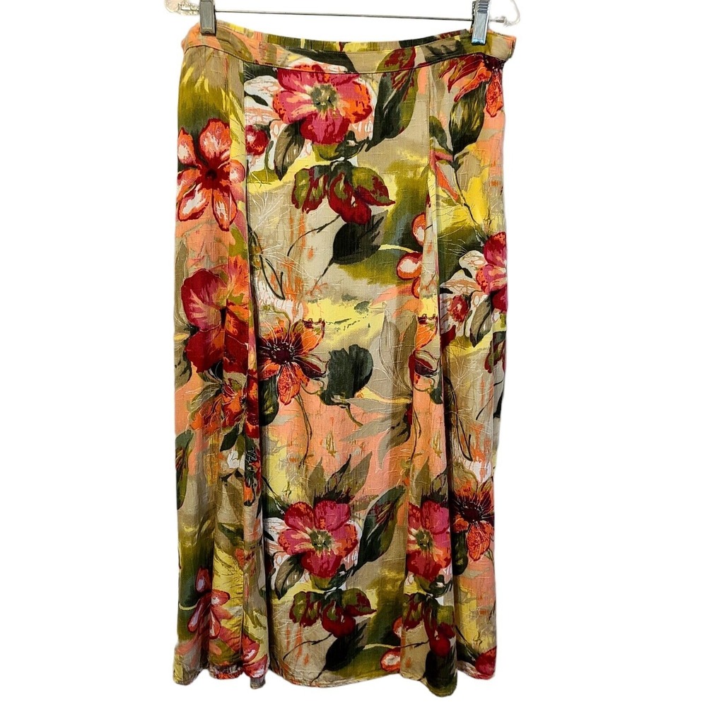 Koret Floral Midi Skirt Size 14 Vintage Red Orange Green Rayon A-Line Pleated